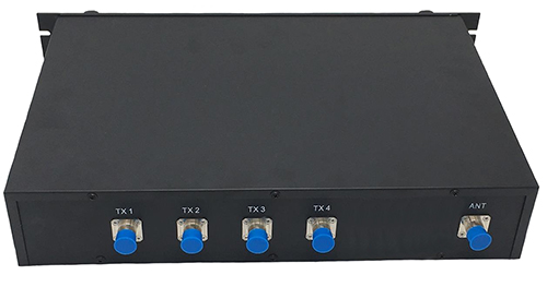 UHF 4-way Tx hybrid combiner, 350-520MHz, freq. spacing 5MHz,.>50dB port isolation. 50W per port